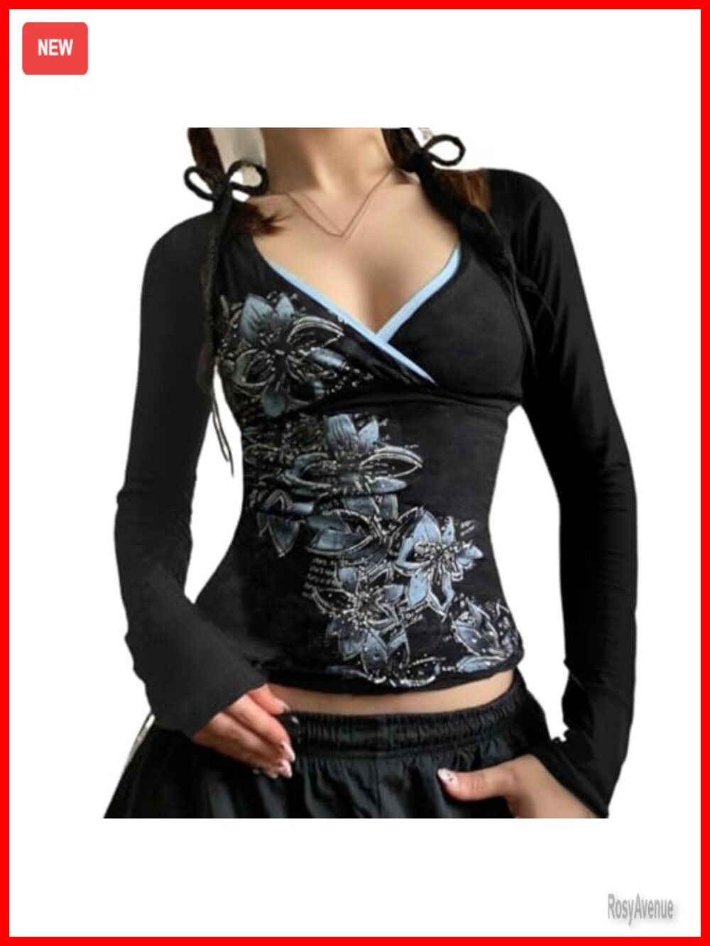 Y2K Fairy Grunge Floral Long Sleeve V-Neck Top Women Vintage Emo Streetwear